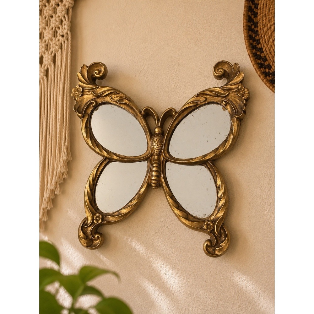 Vintage Gold Finish Bronze Antiquing Mirror Butterfly Wall Art Home Decor